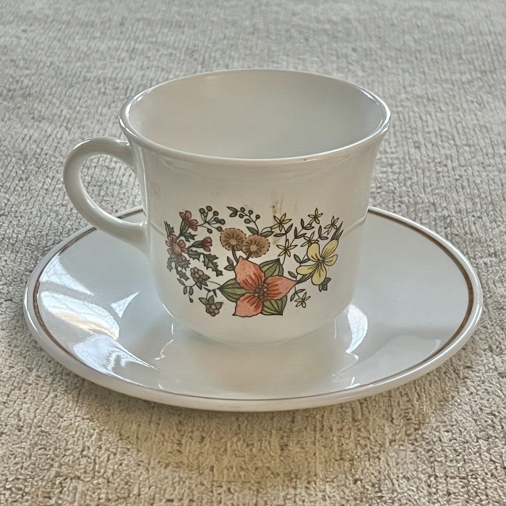 Corelle by Corning Indian Summer Cup & Saucer Set Vintage White Floral Vitrelle